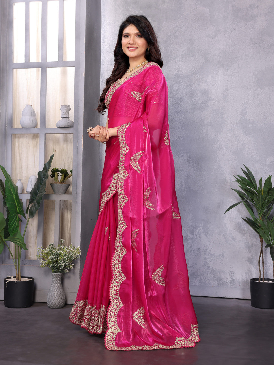 Pink Fancy Shimmer Chiffon Saree With Embroidery Work
