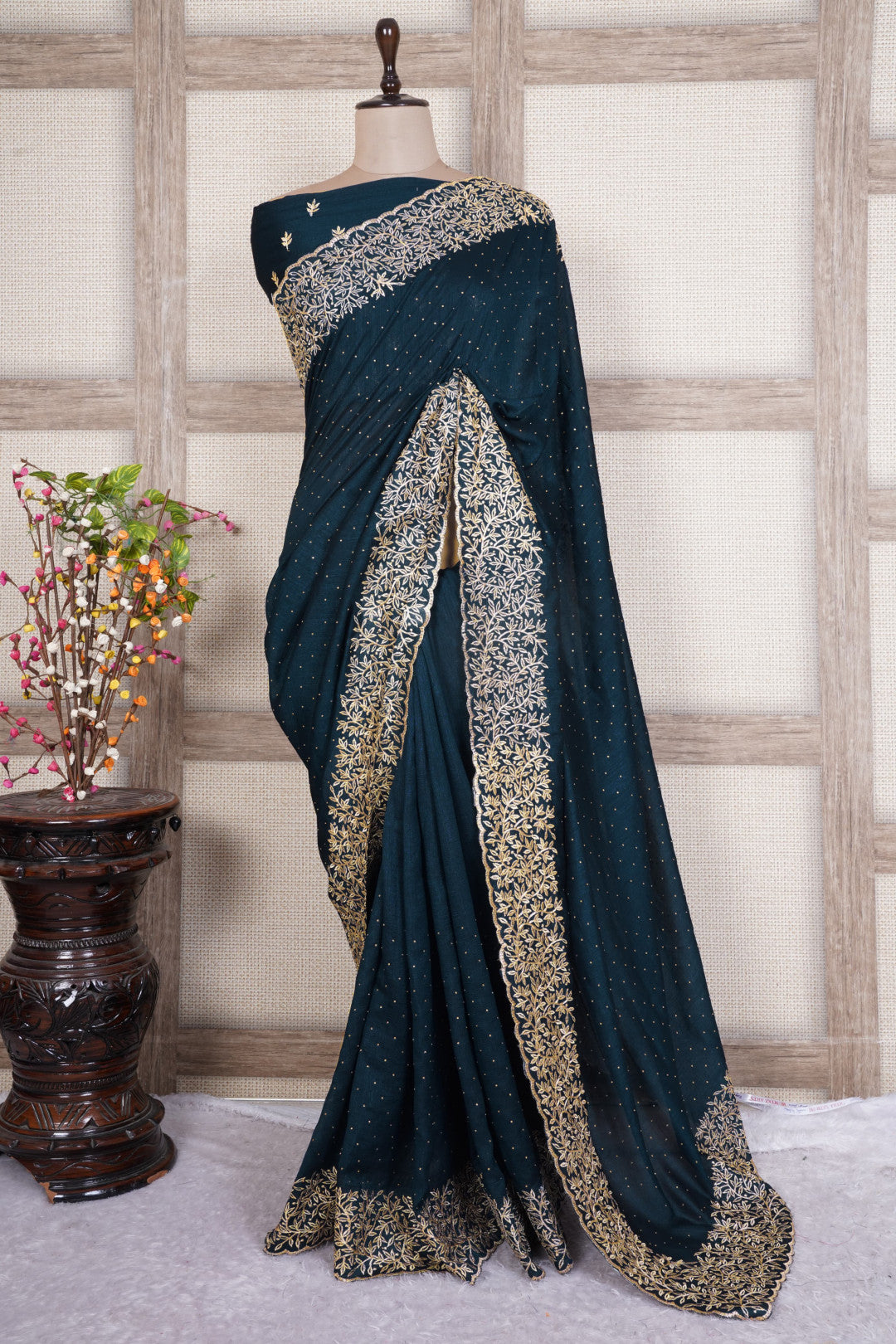 Firoji Color Soft Vichitra Silk Saree With Embroidery Work