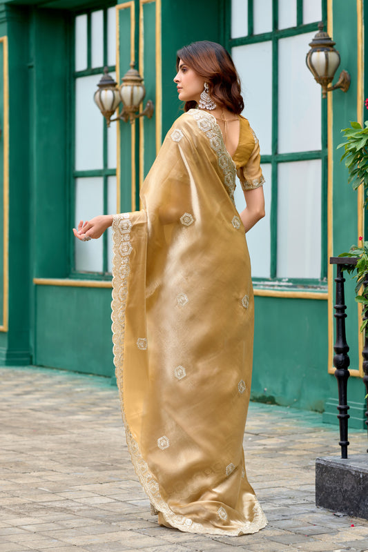 Beige Fancy Shimmer Chiffon Saree With Embroidery Work