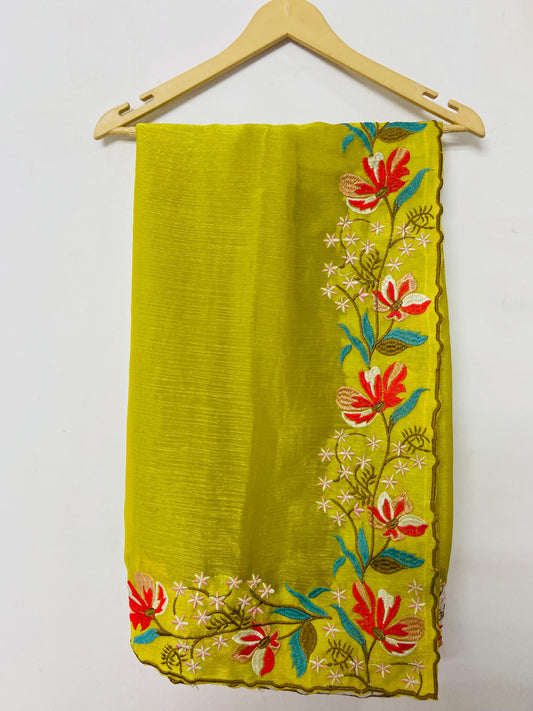 Mahendi Green Fancy Fandy Silk Saree With Embroidery Work