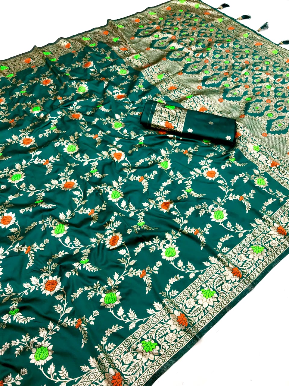 Green Banarasi Silk Saree With Meenakari Zari Weaving Work