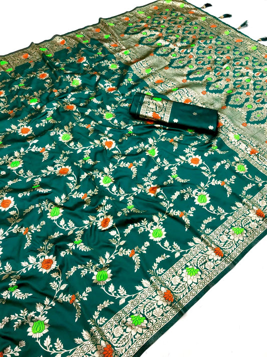 Green Banarasi Silk Saree With Meenakari Zari Weaving Work