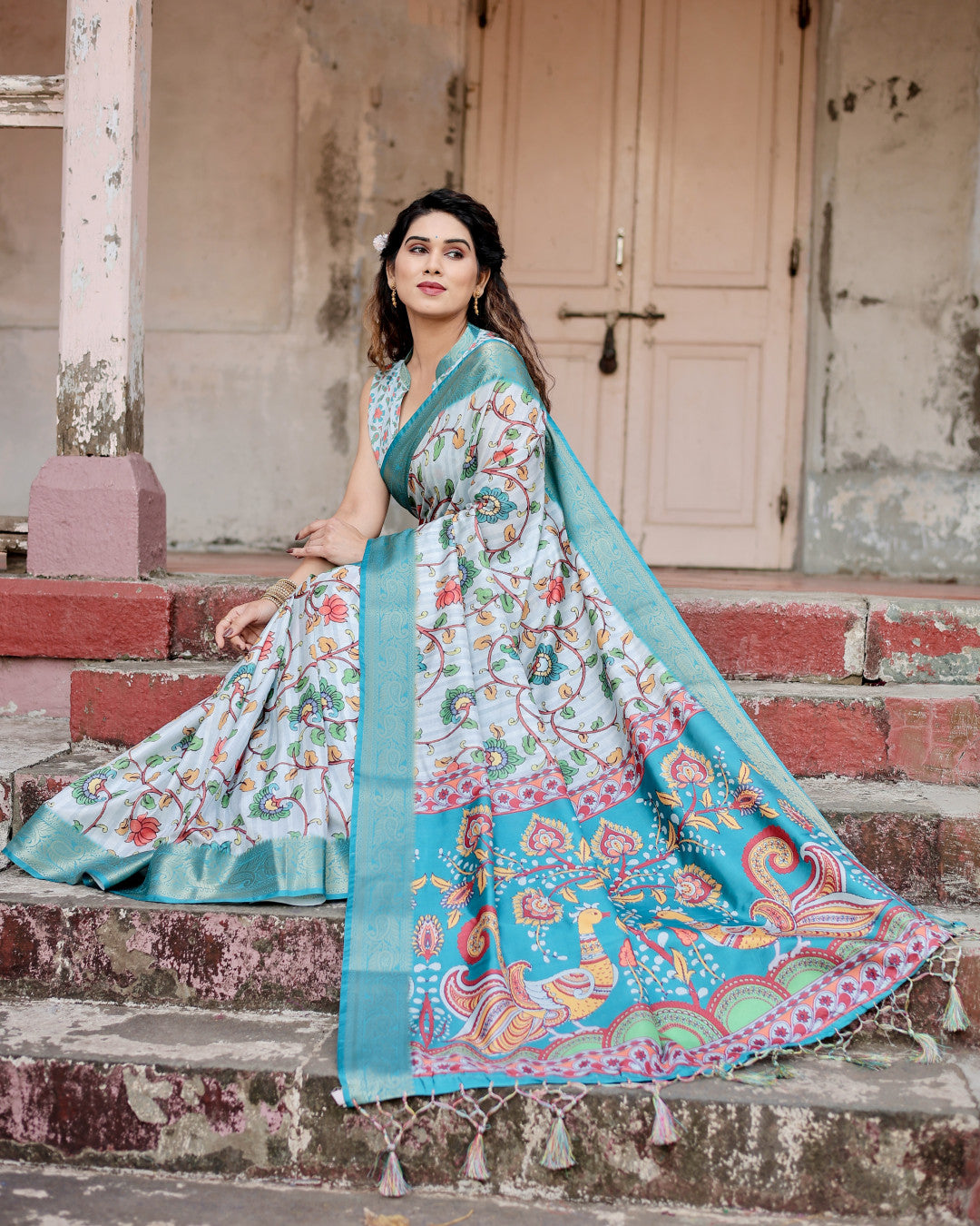 Sky Blue Kalamkari Digital Printed Dola Silk Saree With Gold Zari Border