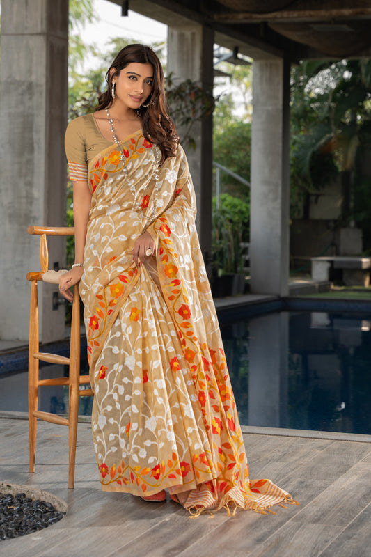 Beige Color Soft Jamdani Cotton Saree With Woven Design