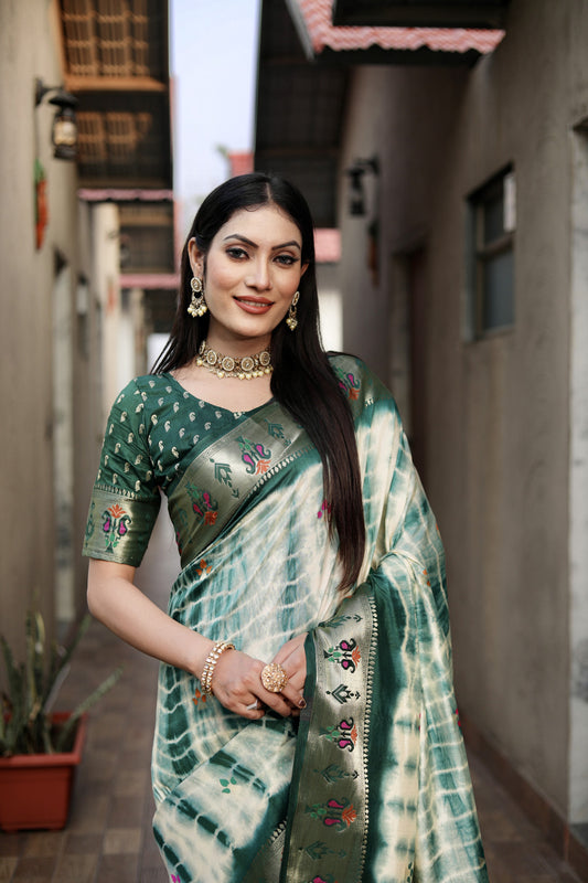 Green Color Dola Silk Saree With Shibori Print & Zari Weaving Work