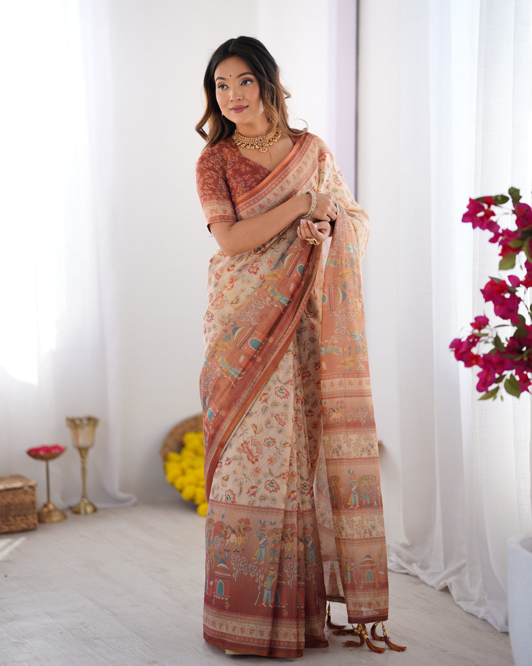 Multi Color Kalamkari Digital Printed Linen Cotton Saree