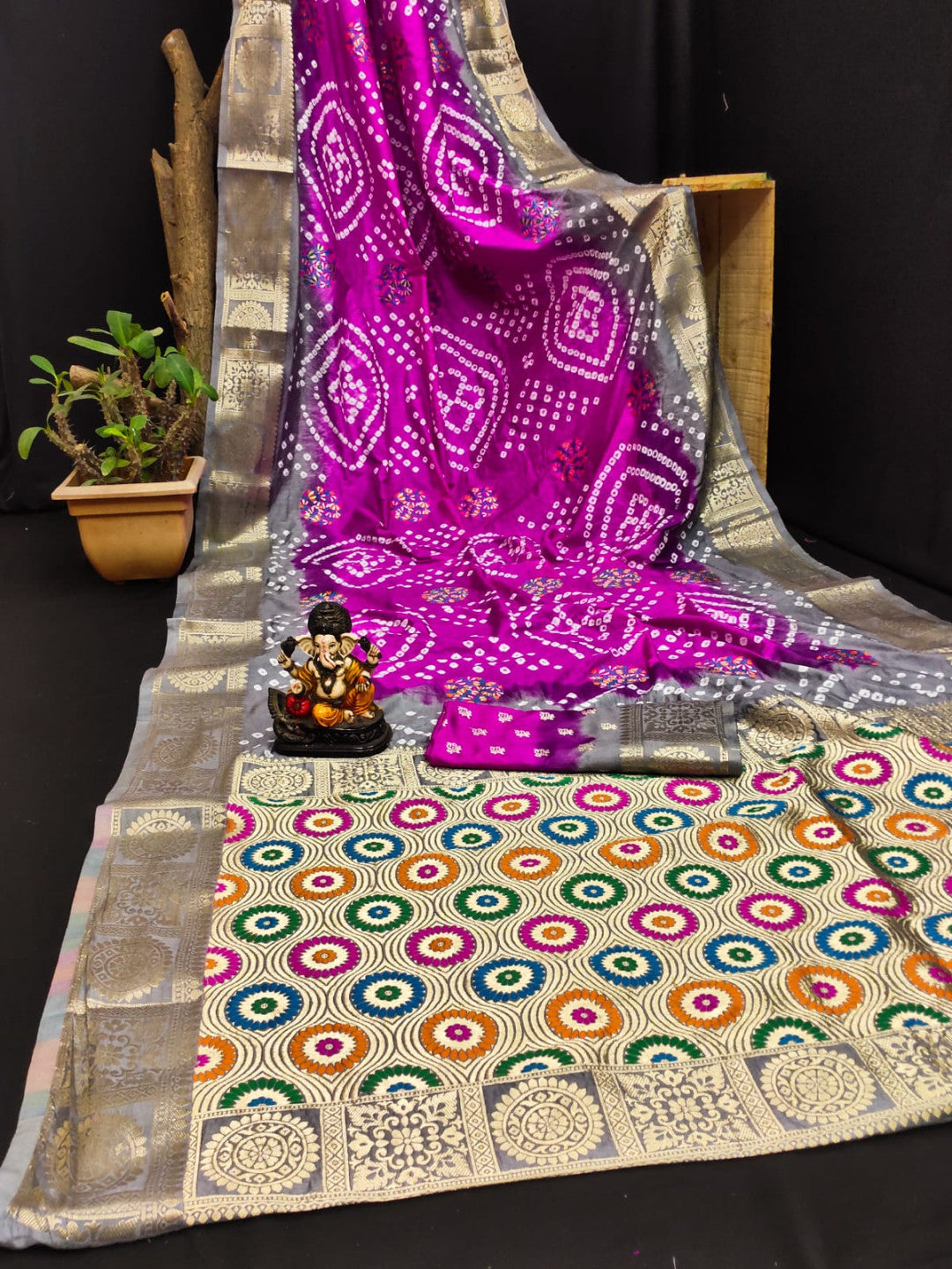 Multi Color Soft Bandhej Silk Saree With Zari Weaving Work