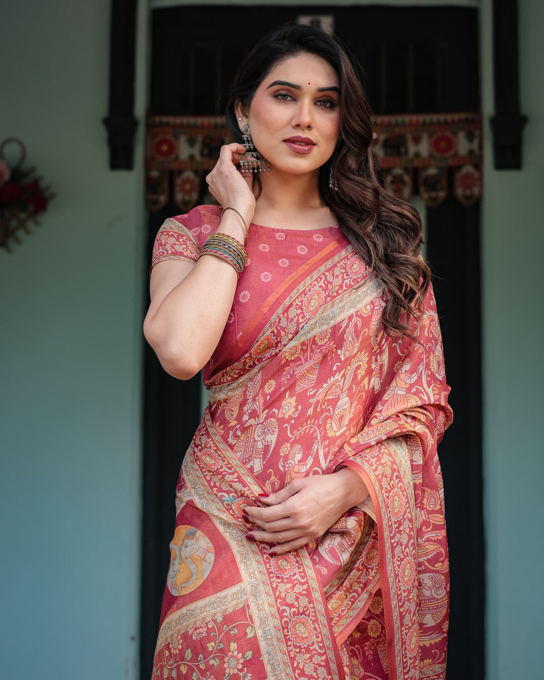 Kalamkari Digital Printed Linen Cotton Saree