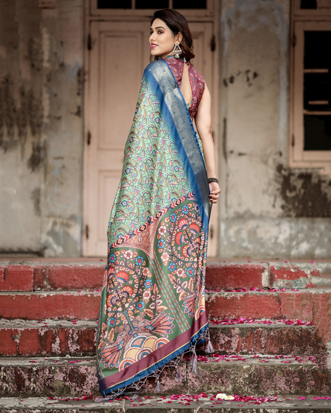 Pista Green Kalamkari Digital Printed Dola Silk Saree With Gold Zari Border