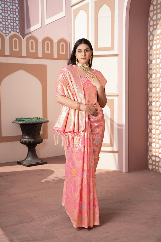 Baby Pink Banarasi Cotton Silk Saree With Zari Woven Work