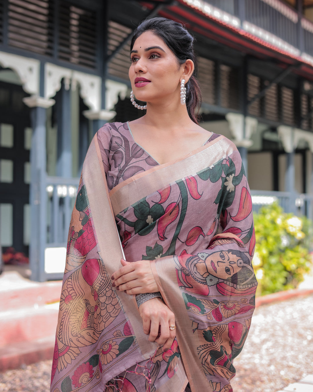 Beige Soft Linen Cotton Saree With Kalamkari Digital Printed Work