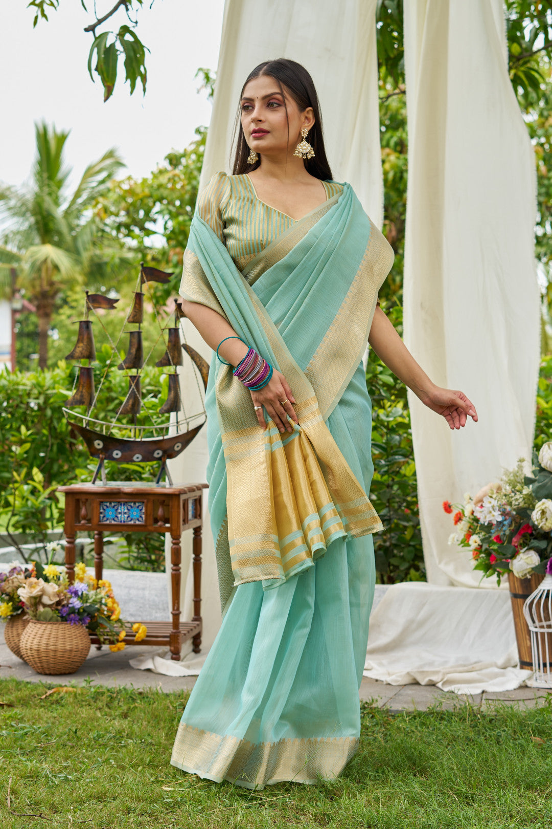 Sky Blue Color Linen Cotton Saree With Zari Weaving Border