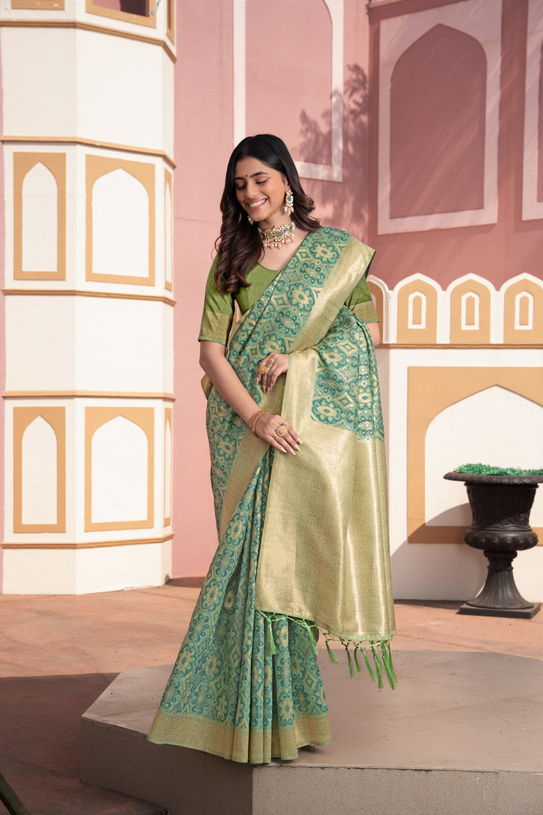 Green Cotton Ikkat Silk Saree With Zari Woven Work