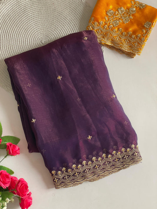 Wine Fancy Space Silk Saree With Embroidery & Moti Work