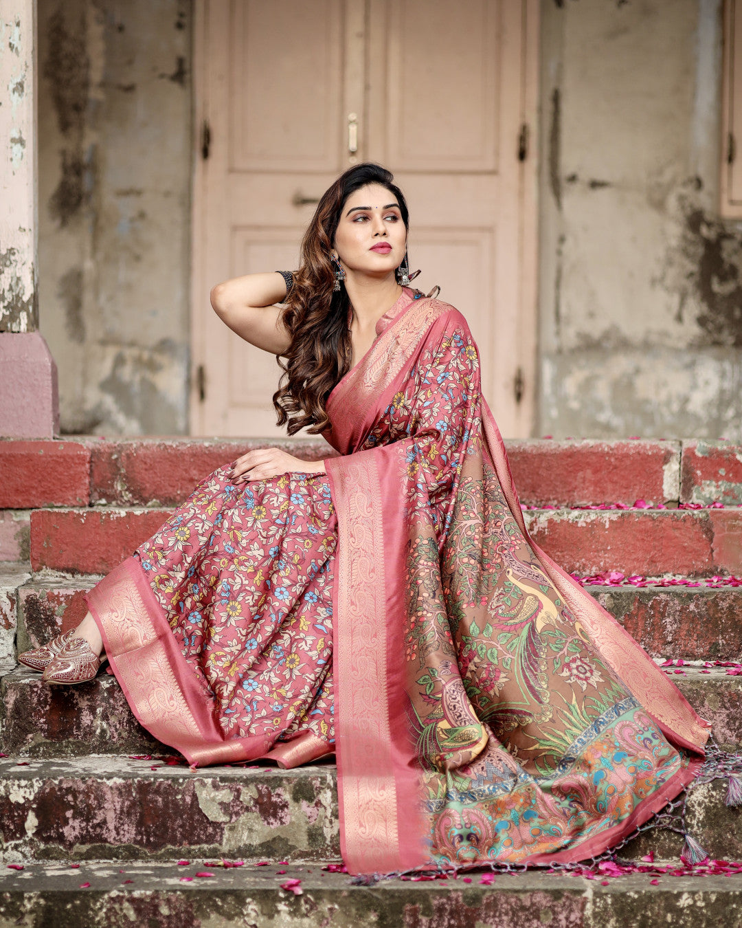 Multi Kalamkari Digital Printed Dola Silk Saree With Gold Zari Border