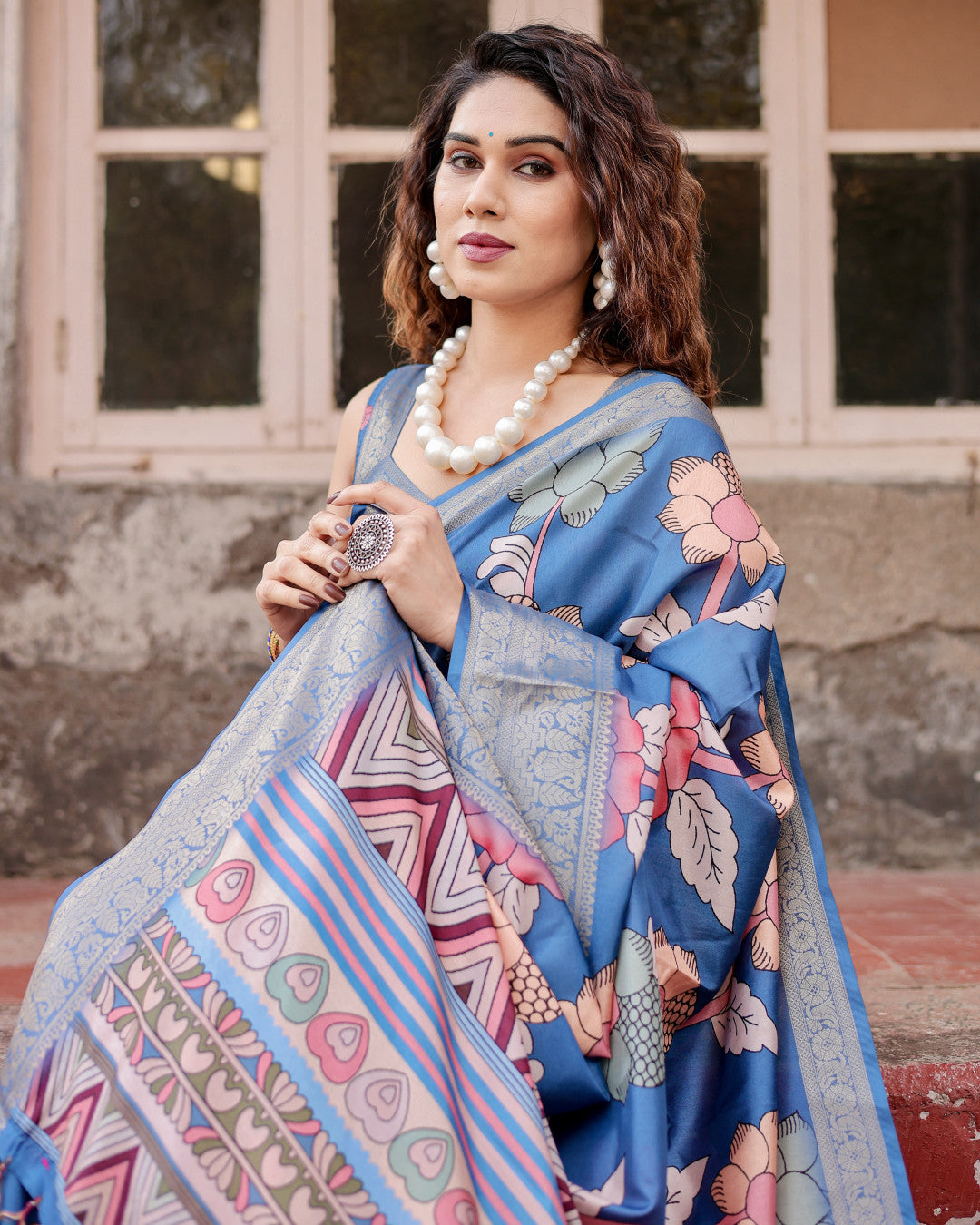 Blue Digital Kalamkari Printed Tussar Silk Saree With Zari Motif Border