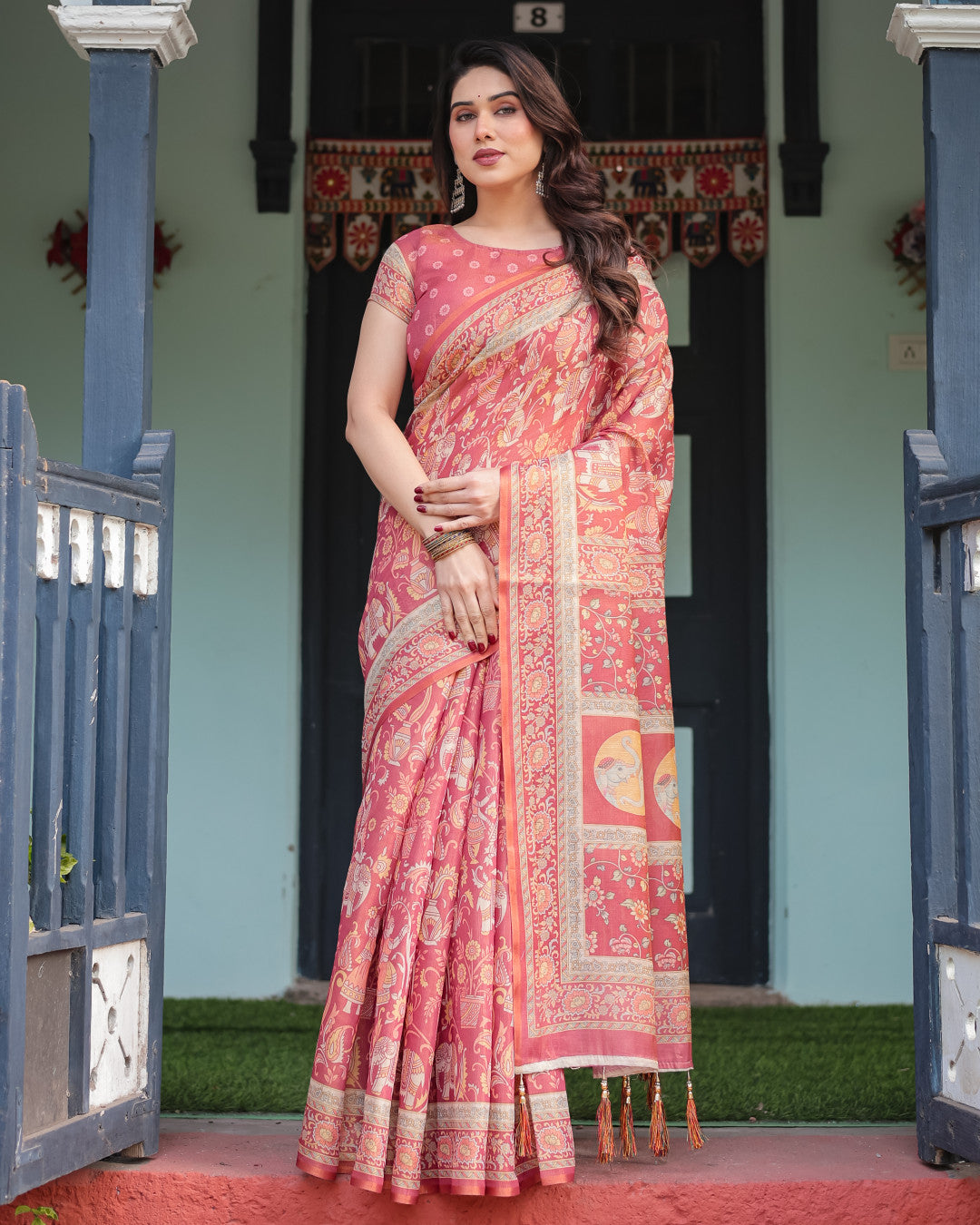 Kalamkari Digital Printed Linen Cotton Saree