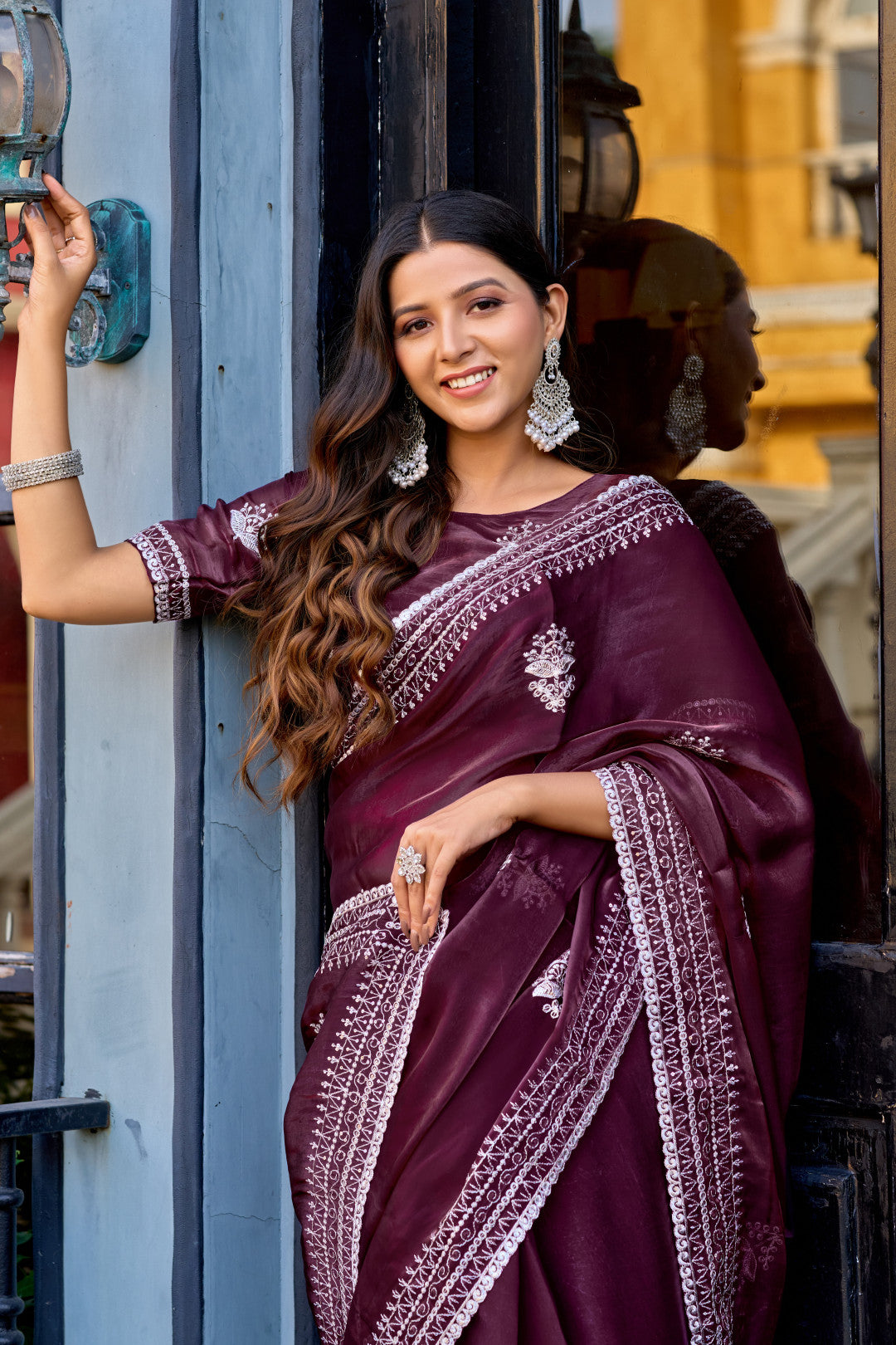 Wine Fancy Shimmer Chiffon Saree With Embroidery Work