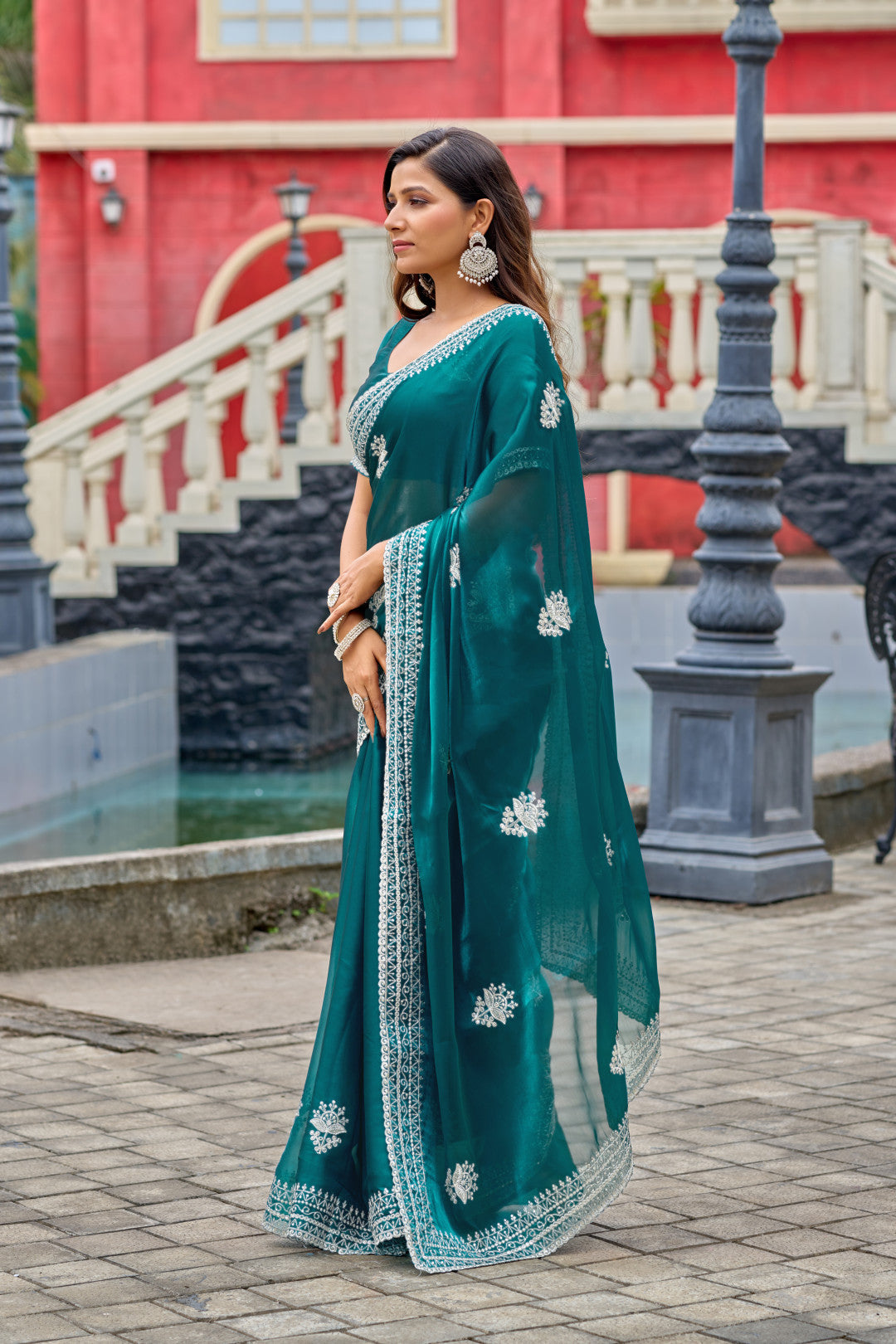 Rama Green Fancy Shimmer Chiffon Saree With Embroidery Work