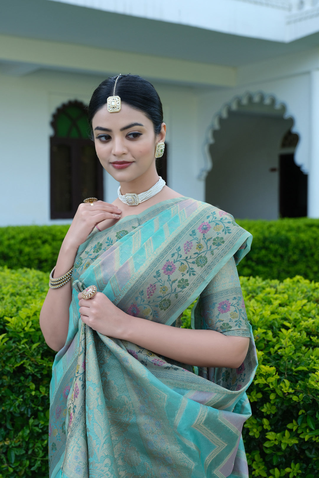 Firoji Color Soft Organza Silk Saree With Zari Weaving Work