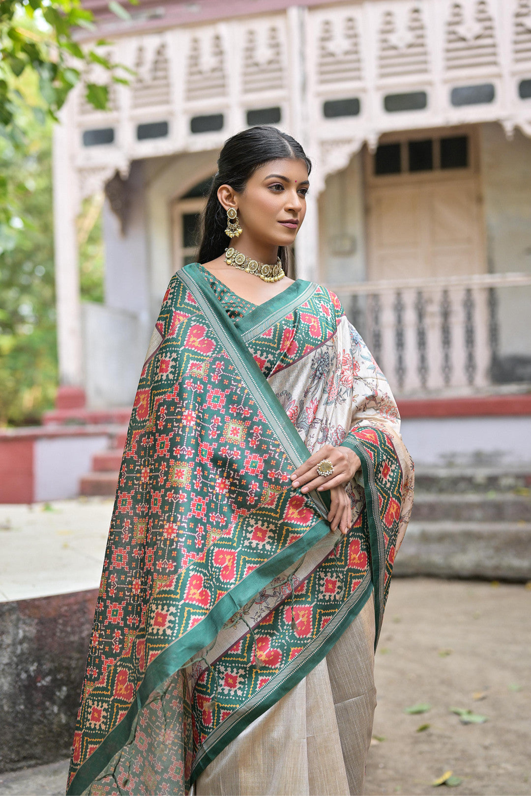 Green Color Soft Tussar Silk Saree With Patola Printed Work