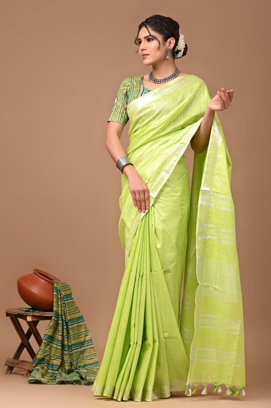 Parrot Green Colour Pure Plain Linen Cotton Saree With Ajrakh Blockprinted Cotton Blouse