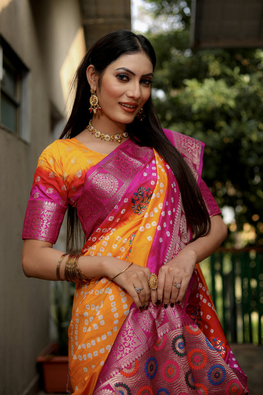 Multi Color Soft Bandhej Silk Saree With Zari Weaving Work