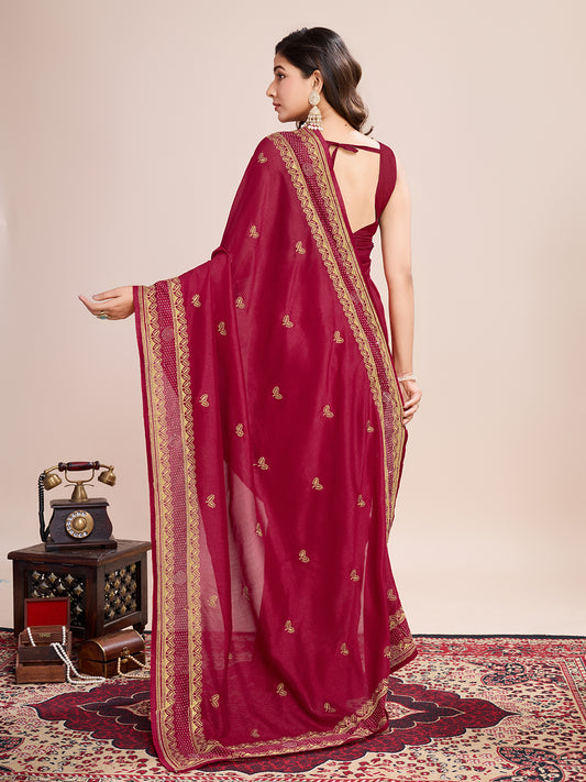 Fancy Rani Pink Soft Vichitra Silk Saree With Embroidery Work