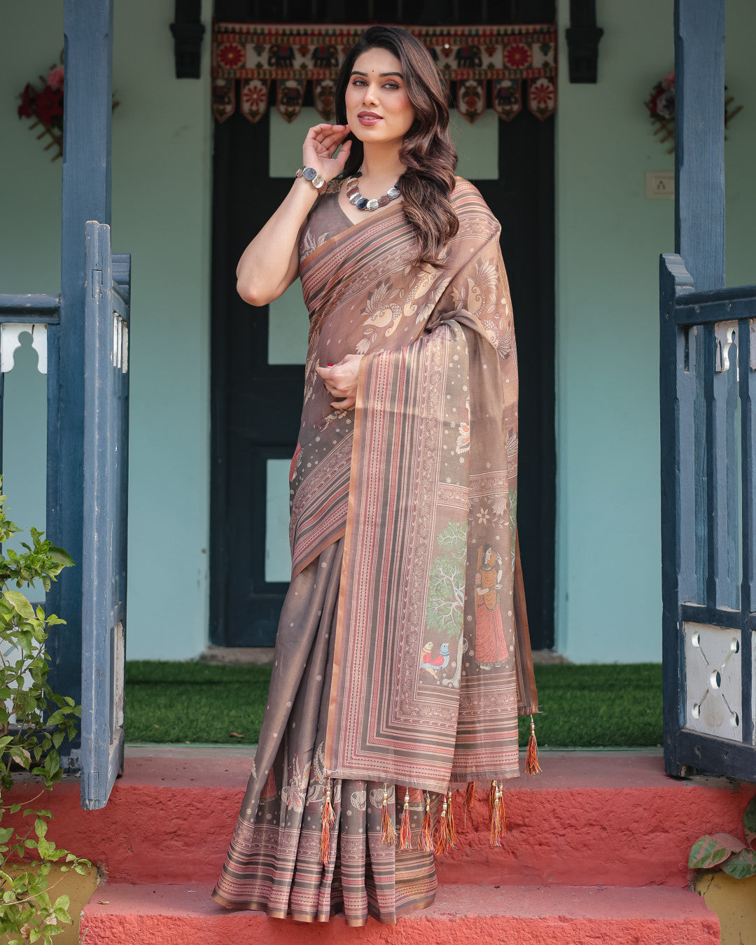 Kalamkari Digital Printed Linen Cotton Saree