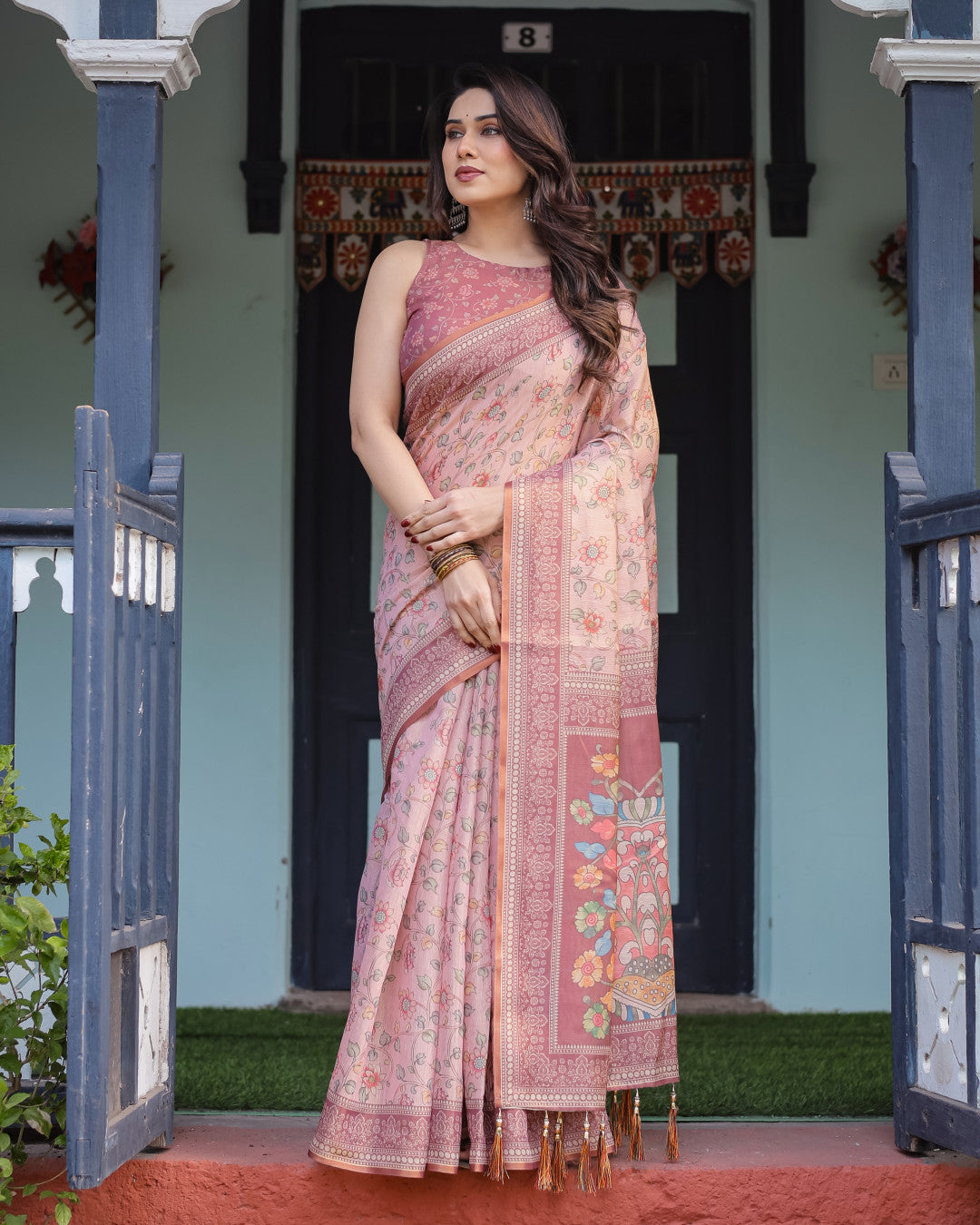 Kalamkari Digital Printed Linen Cotton Saree