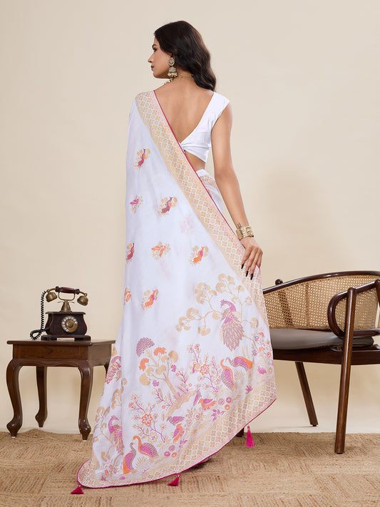 White Cotton Saree With Table Printed And Foil Work With Pipeing Border