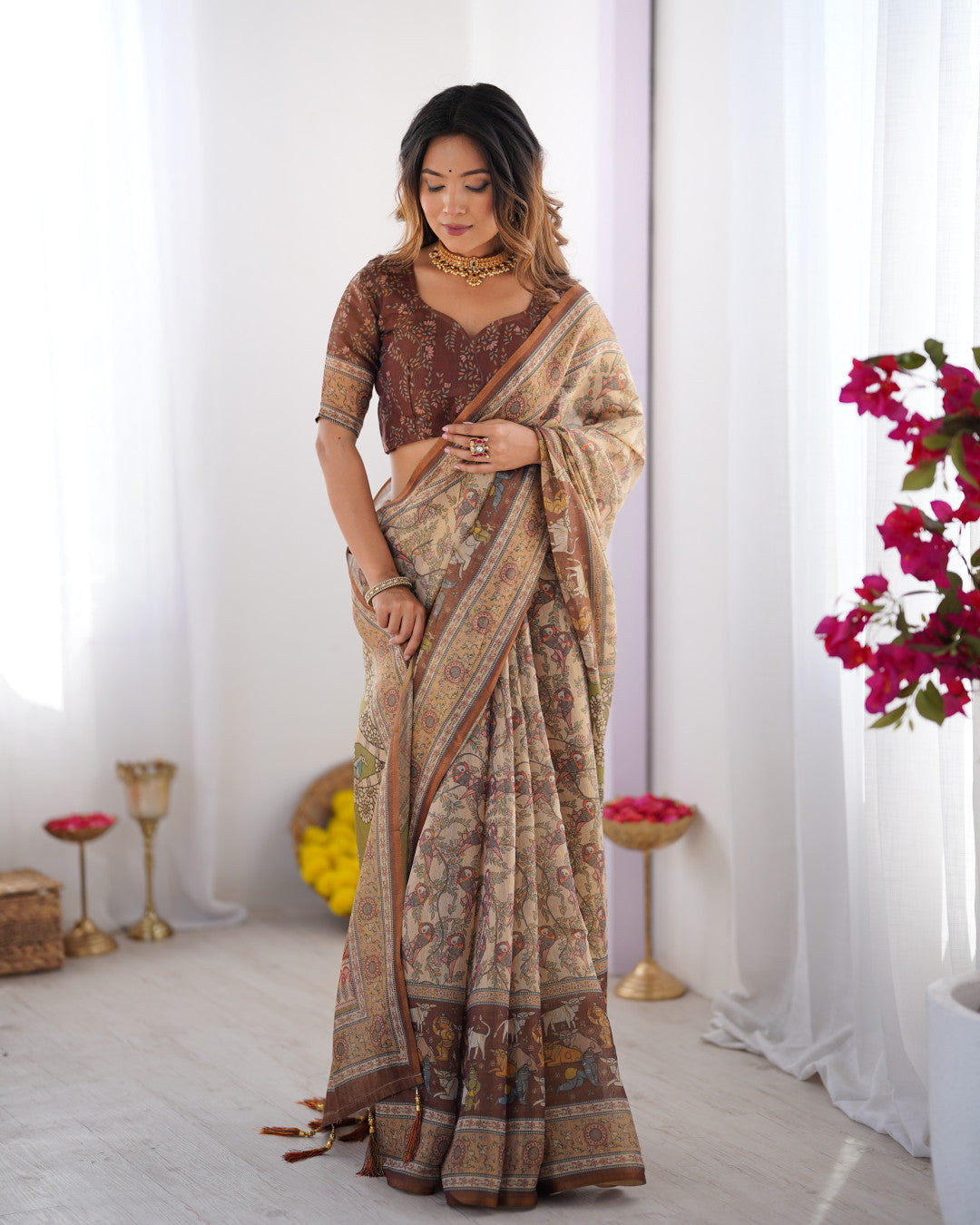 Multi Color Kalamkari Digital Printed Linen Cotton Saree