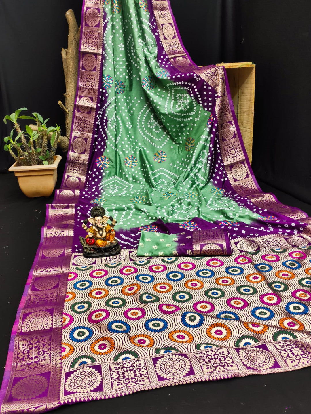 Multi Color Soft Bandhej Silk Saree With Zari Weaving Work