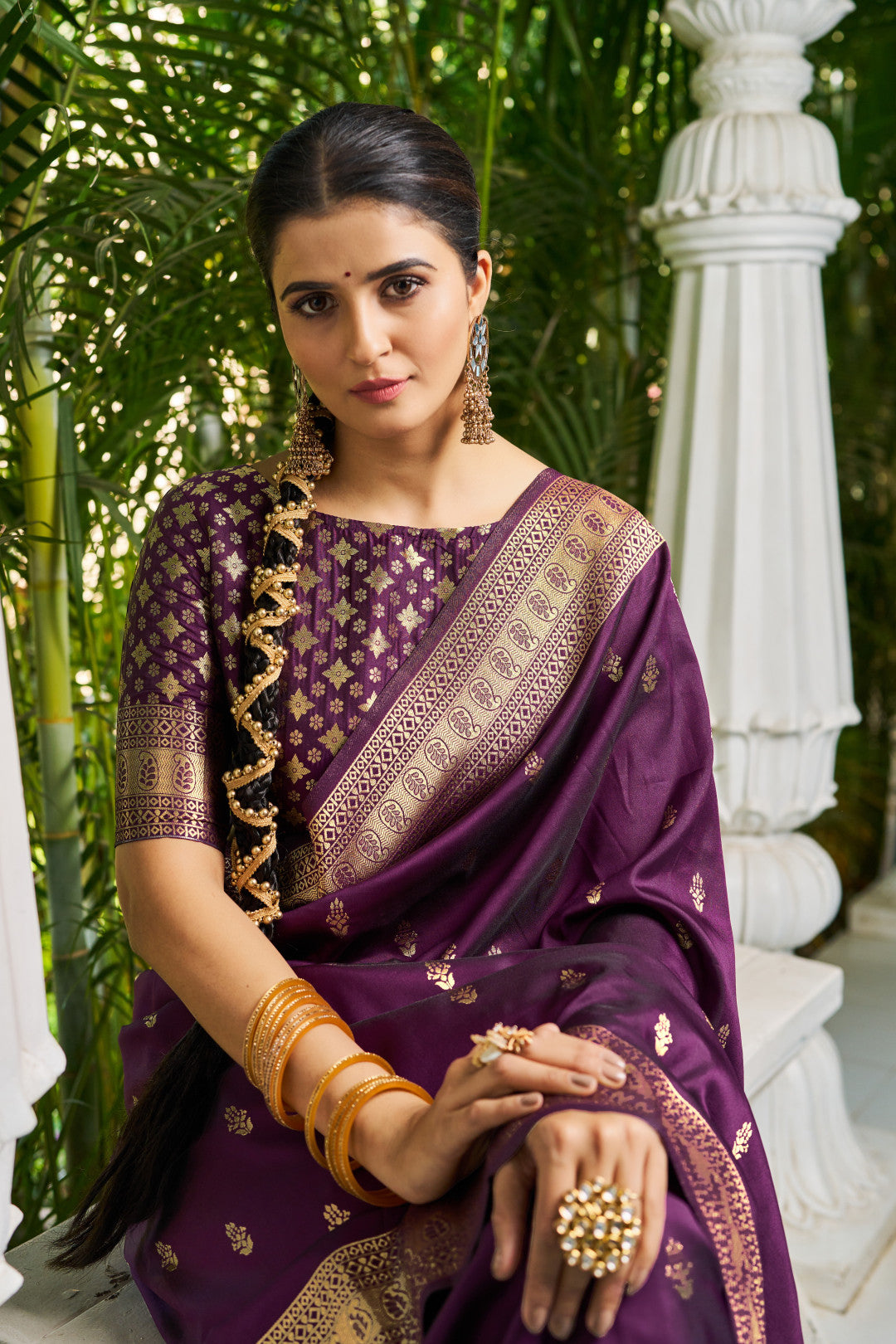 Wine Banarasi Silk Blend Zari Woven Work