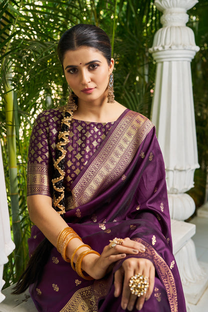 Wine Banarasi Silk Blend Zari Woven Work