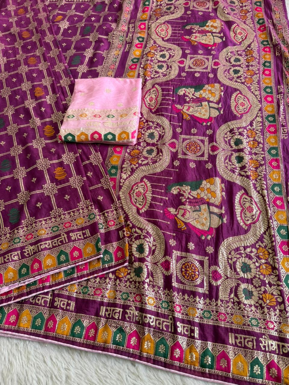 Magenta Viscose Silk Saree With Meenakari Zari Weaving Work With Contrast Piping