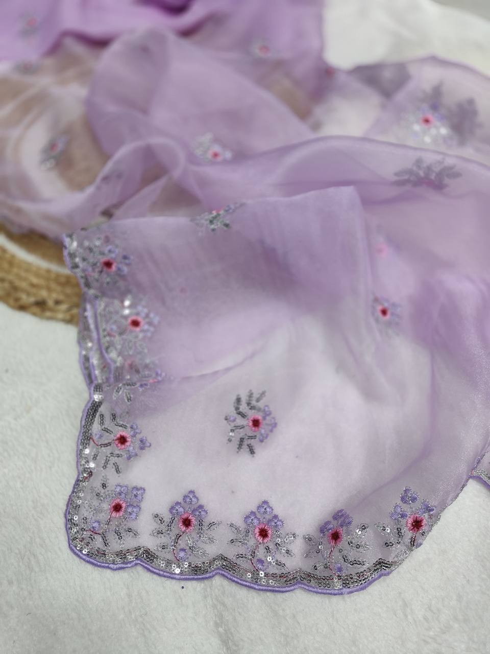 Lavender Organza Silk Saree With Sequence Embroidery Work And Arco Cut Border With Readymade Blouse