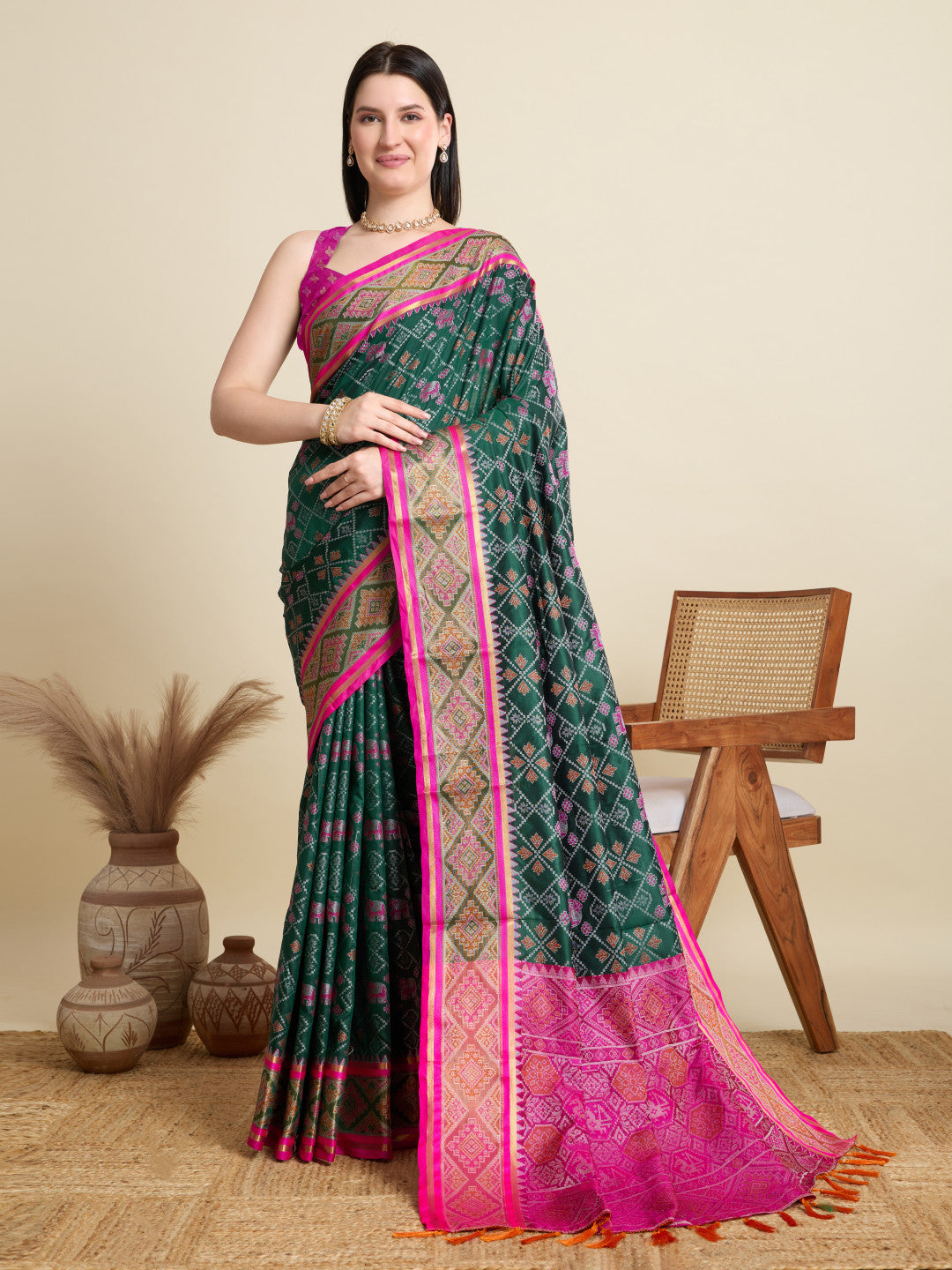 Dark Green Traditional Patola Silk Saree With Weaving Work