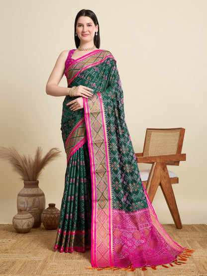 Dark Green Traditional Patola Silk Saree With Weaving Work