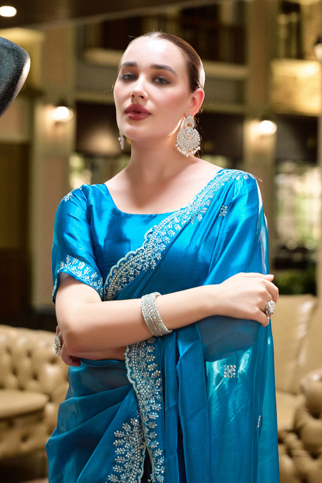 Blue Fancy Shimmer Chiffon Saree With Embroidery Work