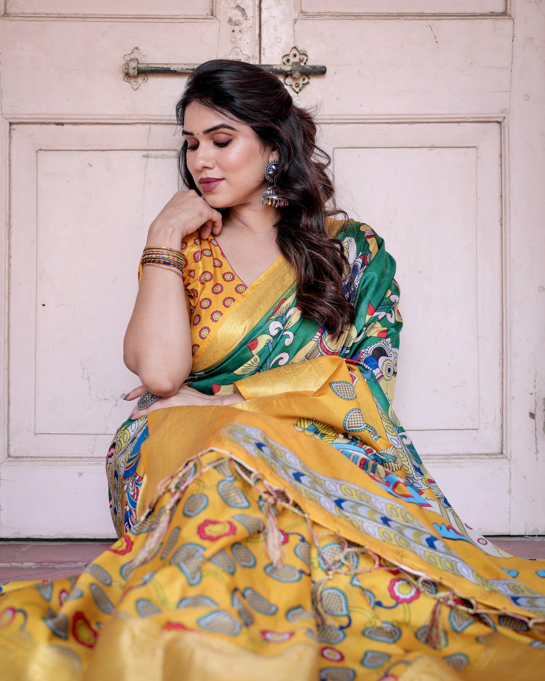 Multi Kalamkari Digital Printed Tussar Silk Saree With Zari Motif Border