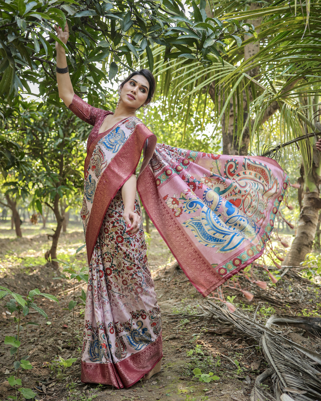 Multi Fancy Kalamkari Digital Printed Tussar Silk Saree