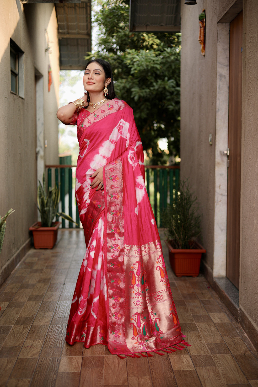 Rani Pink Color Soft Dola Silk Saree With Shibori Print & Zari Weaving Work