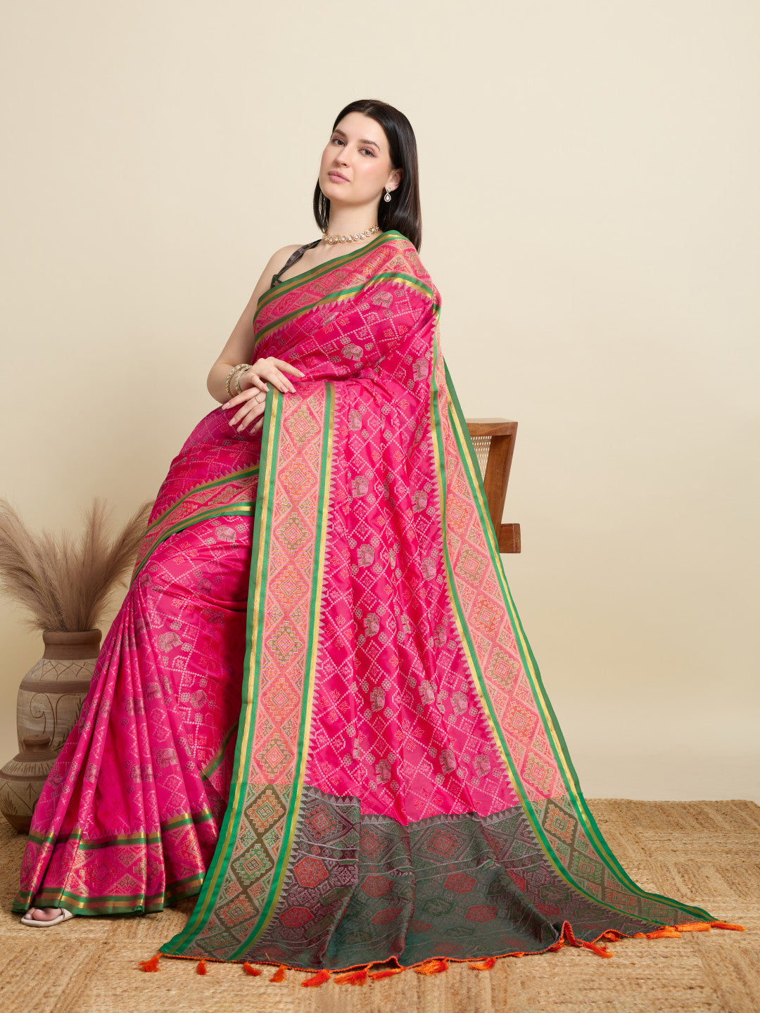 Rani Pink Traditional Patola Silk Saree With Weaving Work