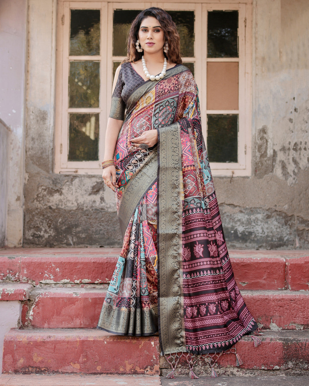 Multi Digital Kalamkari Printed Tussar Silk Saree With Zari Motif Border