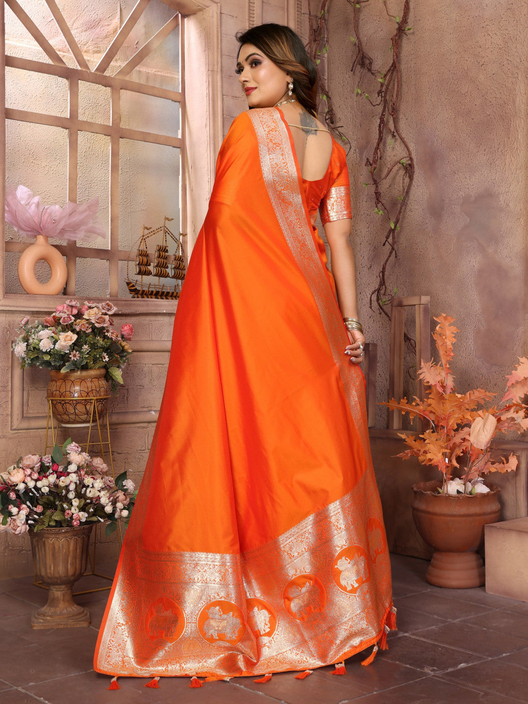 Premium Summer Special Orange Banarasi Silk Saree With Gala Weaving Exclusive Work