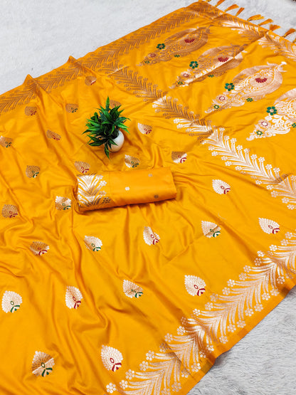Yellow Traditional Banarasi Silk Saree With Zari Weaving Work