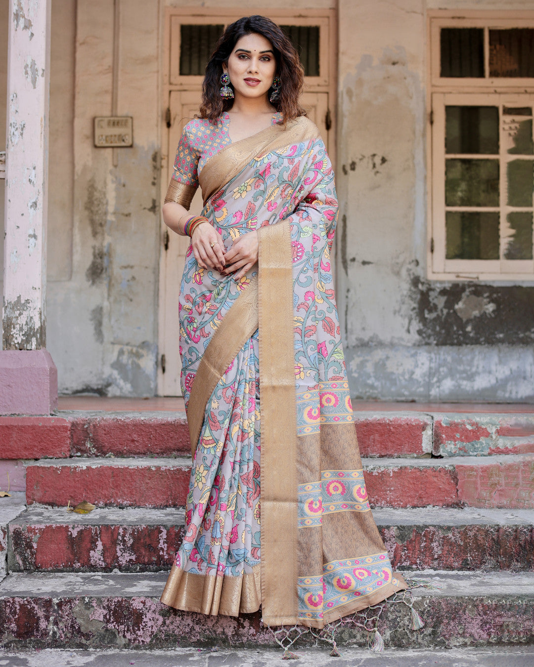 Lavender Kalamkari Digital Printed Dola Silk Saree With Gold Zari Border