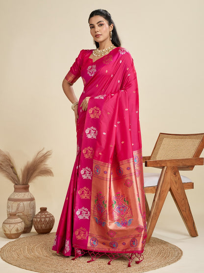 Pink Kanjivaram Silk Saree With Zari Weaving Butta Border & Designer Rich Paithani Pallu