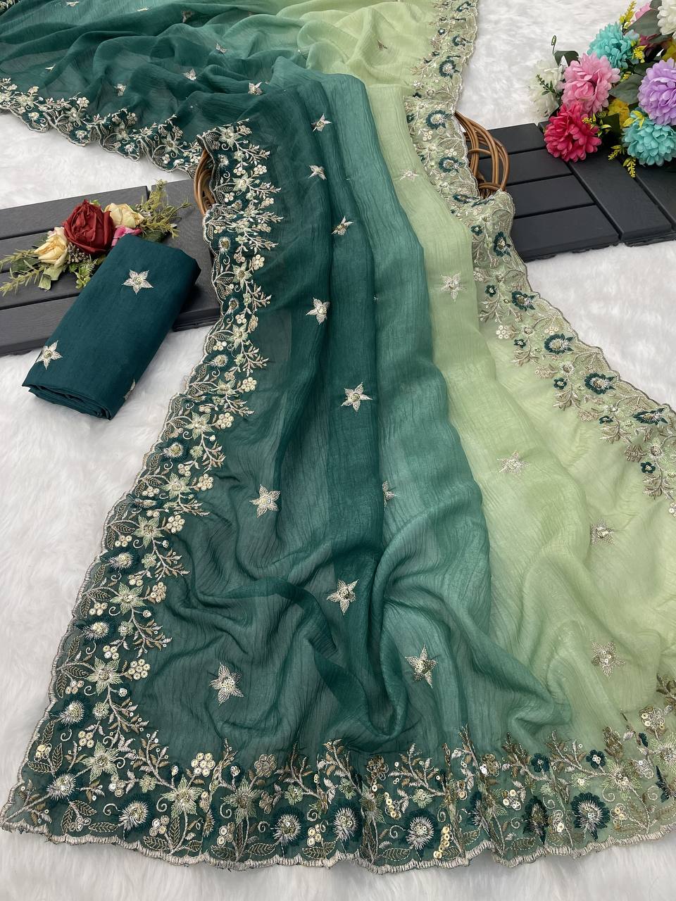 Multi Fancy Crunchy Silk Saree With Embroidery And Sequence Work